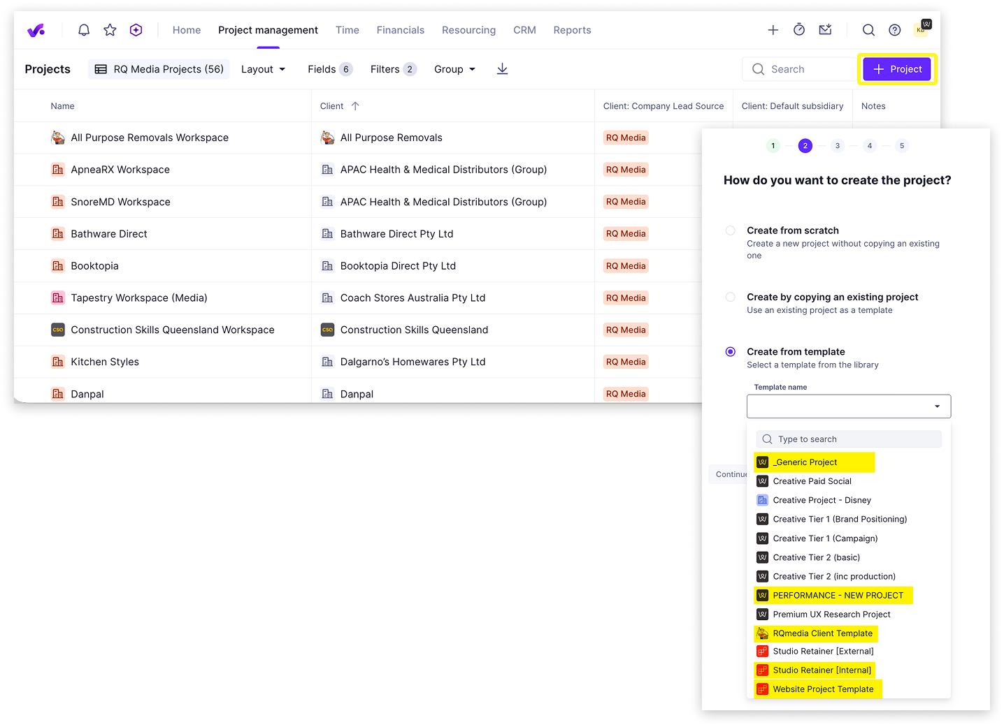 Productive create project interface